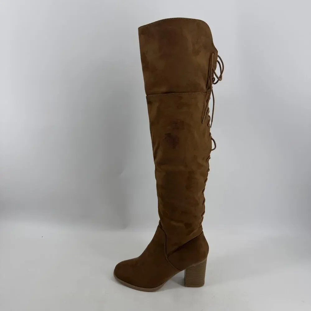 Soda Over The Knee Riding Boots Womens 8.5 Chestnut Faux Suede Lace Up Aspire-S